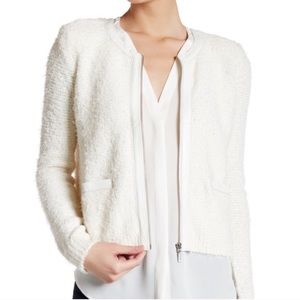 Joie Jacolyn B Tweed & Leather Detail Zip Cardigan